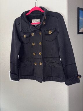 Sugarfly Black Fleece Peacoat Jacket Military Brass Button Double Breasted M